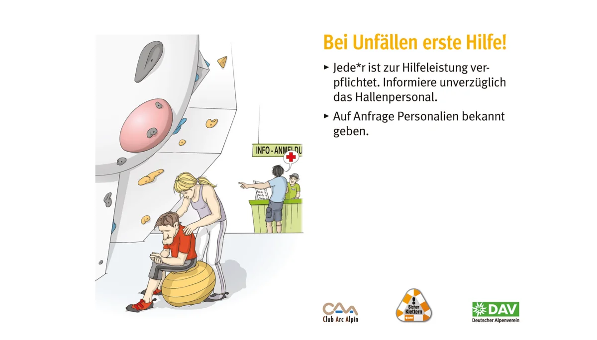 Hallenregeln für Klettern vom DAV. Regel Nummer fünf: Bei Unfällen helfen | © DAV