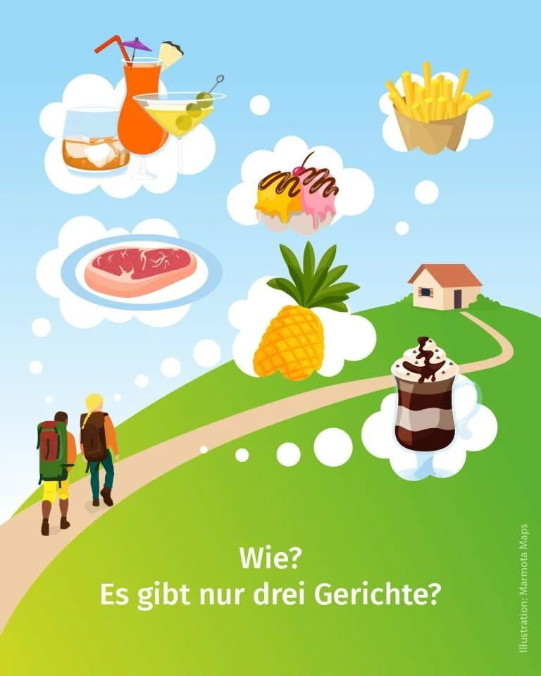 Comicbild mit exotischen Lebensmitteln vor einem Hüttenpanorama | © DAV/Marmota Maps